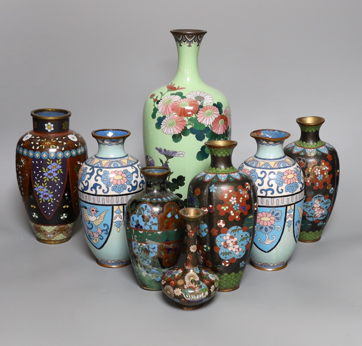 Assorted Japanese Meiji cloisonne vases, tallest 30cm